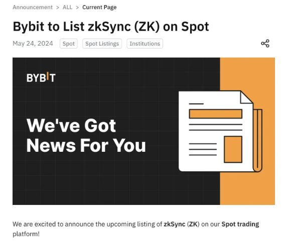 Bybit анонсировал листинг zkSync